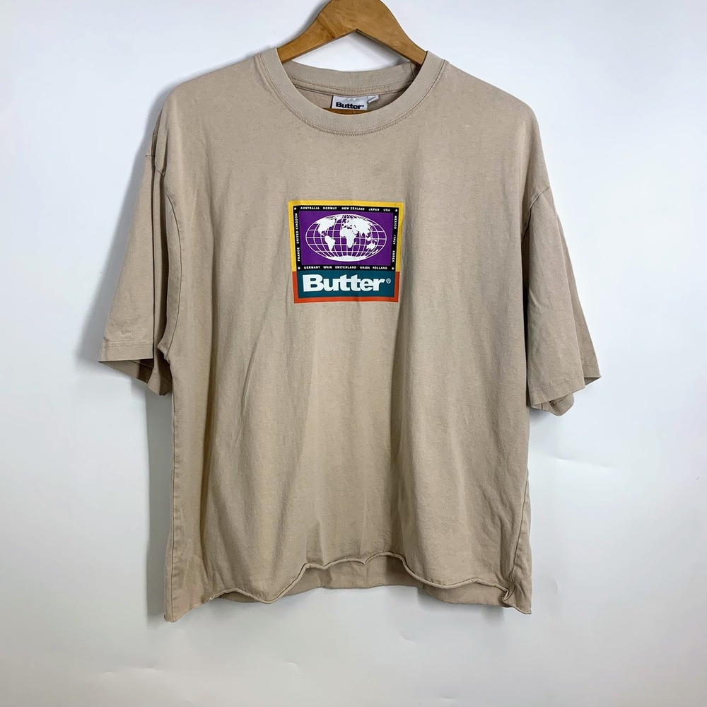 Butter Goods Women's Graphic T-Shirt Tan Globe Logo Short‎ Sleeve Raw Hem Size L